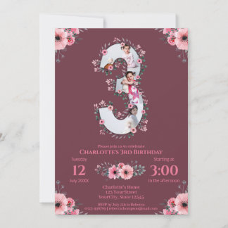 Big 3 Geburtstag Girl Collage Pink Blume in Einladung