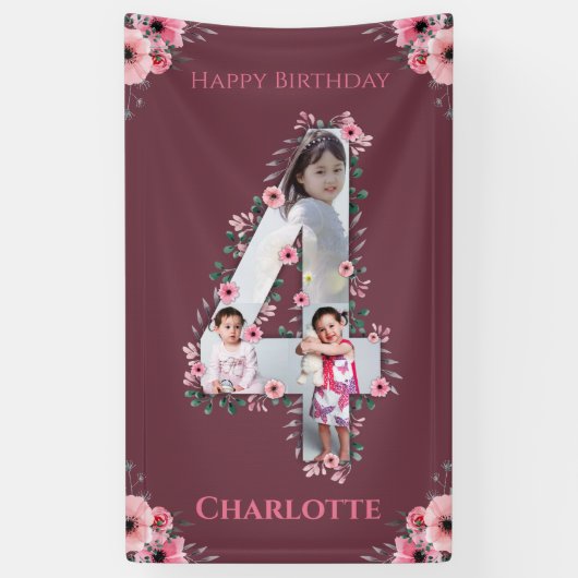 Big 4th Birthday Girl Foto Collage Pink Blume Banner (Vertikal)