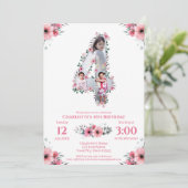 Big 4th Birthday Girl Foto Collage Pink Blume Einladung (Stehend Vorderseite)