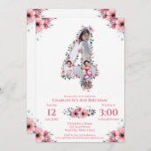 Big 4th Birthday Girl Foto Collage Pink Blume Einladung (Vorne/Hinten)