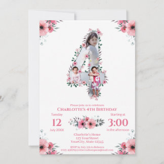 Big 4th Birthday Girl Foto Collage Pink Blume Einladung