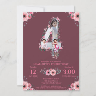 Big 4th Birthday Girl Foto Collage Pink Blume Einladung