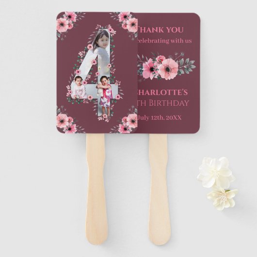 Big 4th Birthday Girl Foto Collage Pink Blume Fächer (Vorne und Hinten)