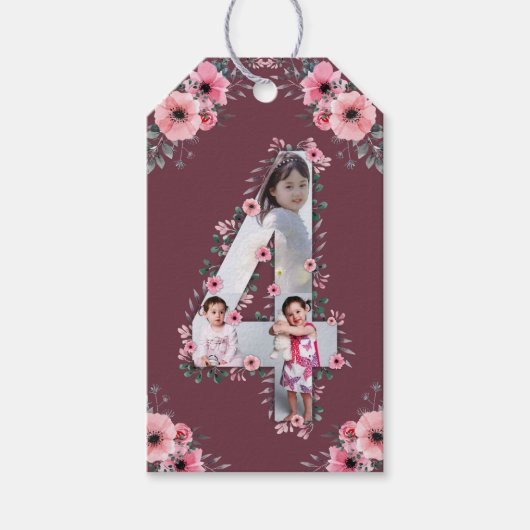 Big 4th Birthday Girl Foto Collage Pink Blume Geschenkanhänger (Vorderseite)