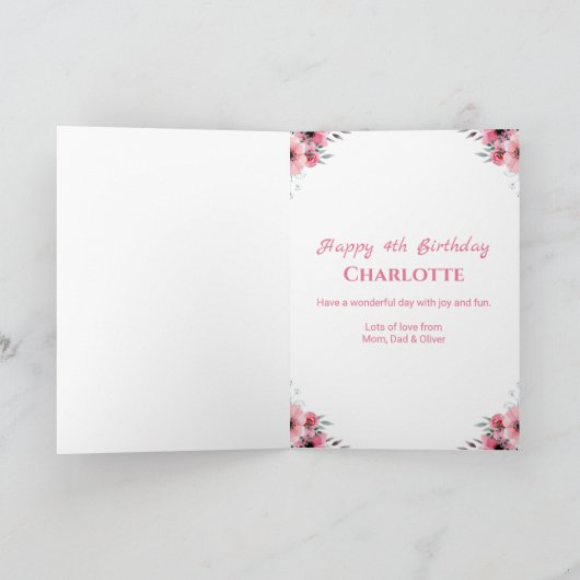 Big 4th Birthday Girl Foto Collage Pink Blume Karte (Innenseite)