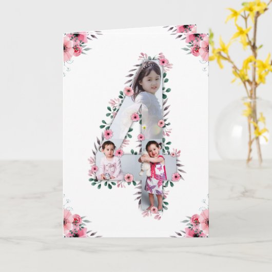 Big 4th Birthday Girl Foto Collage Pink Blume Karte (Gelbe Blume)