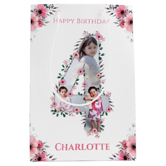 Big 4th Birthday Girl Foto Collage Pink Blume Mittlere Geschenktüte (Vorderseite)