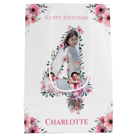 Big 4th Birthday Girl Foto Collage Pink Blume Mittlere Geschenktüte (Rückseite)