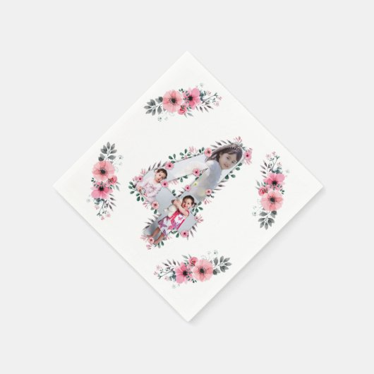 Big 4th Birthday Girl Foto Collage Pink Blume Serviette (Ecke)