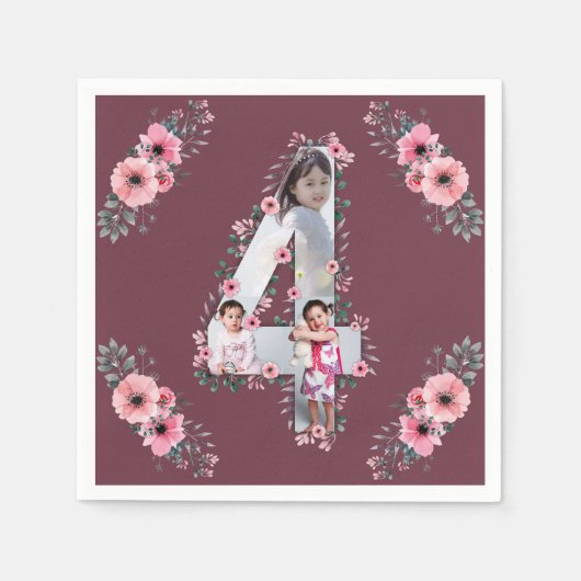 Big 4th Birthday Girl Foto Collage Pink Blume Serviette (Vorderseite)