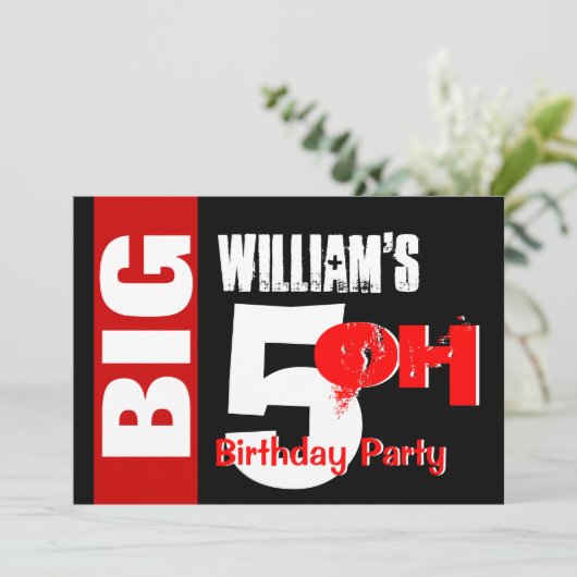Big 50 Birthday Modern Red White Black W1732 Einladung (Stehend Vorderseite)