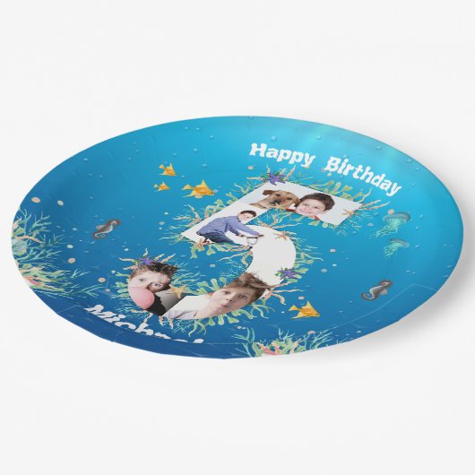 Big 5th Birthday FotoCollage unter dem Meer Pappteller (Schrägansicht)