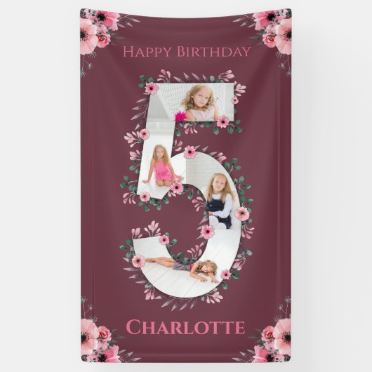 Big 5th Birthday Girl Foto Collage Pink Blume Banner (Vertikal)