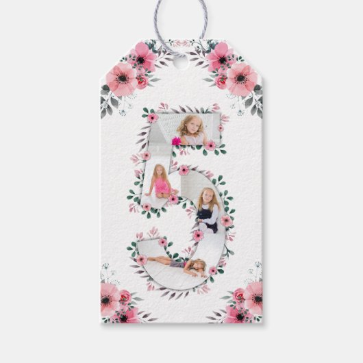 Big 5th Birthday Girl Foto Collage Pink Blume Geschenkanhänger (Vorderseite)