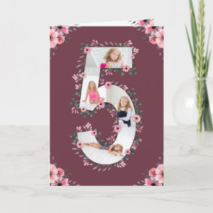 Big 5th Birthday Girl Foto Collage Pink Blume Karte