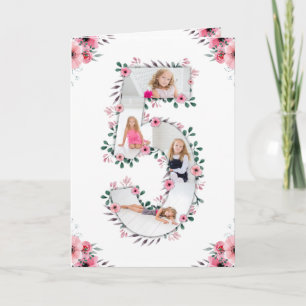 Big 5th Birthday Girl Foto Collage Pink Blume Karte