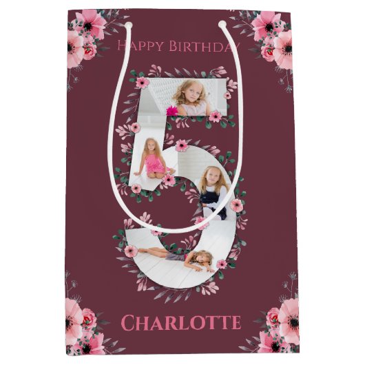 Big 5th Birthday Girl Foto Collage Pink Blume Mittlere Geschenktüte (Vorderseite)
