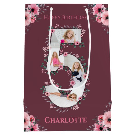 Big 5th Birthday Girl Foto Collage Pink Blume Mittlere Geschenktüte (Rückseite)