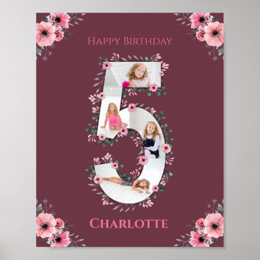 Big 5th Birthday Girl Foto Collage Pink Blume Poster (Vorne)