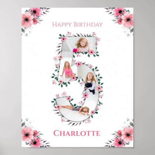 Big 5th Birthday Girl Foto Collage Pink Blume Poster (Vorne)