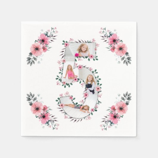 Big 5th Birthday Girl Foto Collage Pink Blume Serviette (Vorderseite)