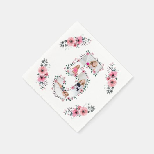 Big 5th Birthday Girl Foto Collage Pink Blume Serviette (Ecke)