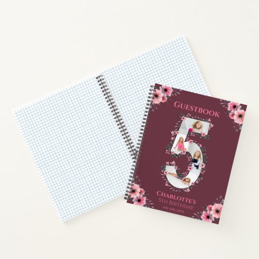 Big 5th Birthday Girl Foto Pink Blume Gästebuch Notizblock (Innenseite)
