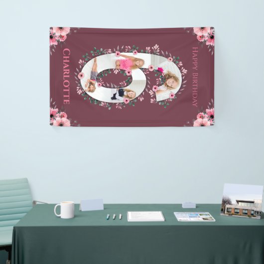 Big 6th Birthday Girl Foto Collage Pink Blume Banner (Messeveranstaltung)