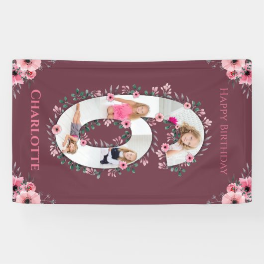 Big 6th Birthday Girl Foto Collage Pink Blume Banner (Horizontal)