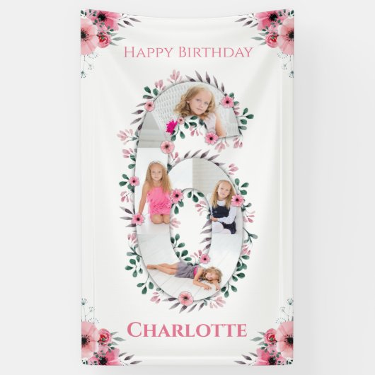 Big 6th Birthday Girl Foto Collage Pink Blume Banner (Vertikal)