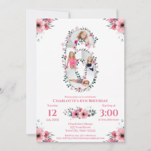 Big 6th Birthday Girl Foto Collage Pink Blume Einladung