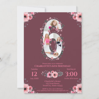 Big 6th Birthday Girl Foto Collage Pink Blume Einladung