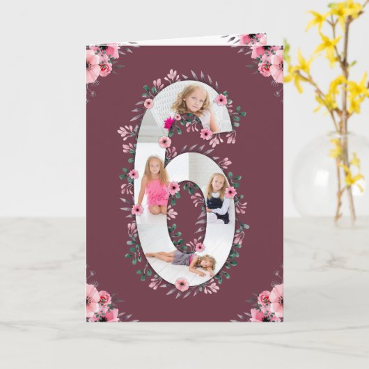 Big 6th Birthday Girl Foto Collage Pink Blume Karte (Gelbe Blume)