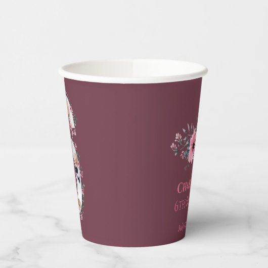 Big 6th Birthday Girl Foto Collage Pink Blume Pappbecher (Links)