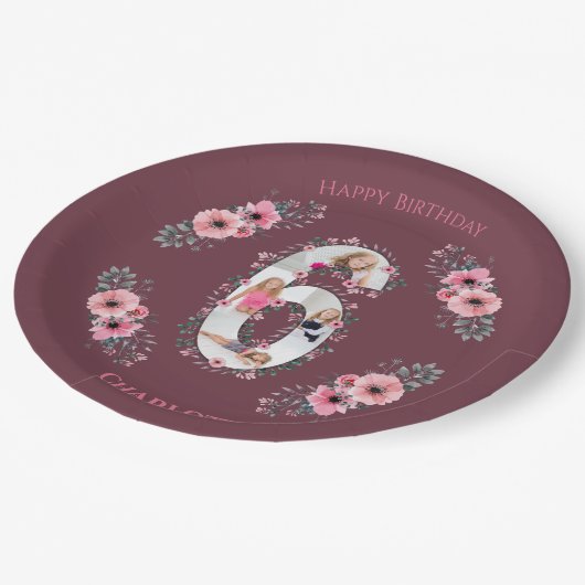 Big 6th Birthday Girl Foto Collage Pink Blume Pappteller (Schrägansicht)