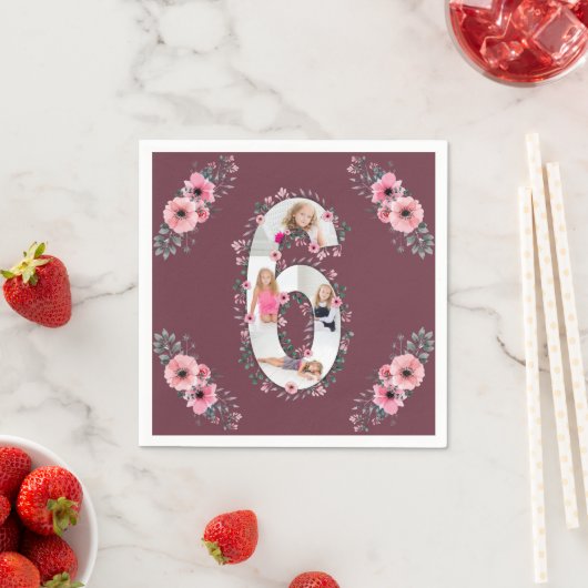 Big 6th Birthday Girl Foto Collage Pink Blume Serviette (Beispiel)