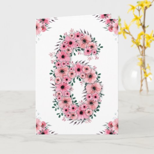 Big 6th Birthday Girl Pink Blume Green Folies Karte (Gelbe Blume)