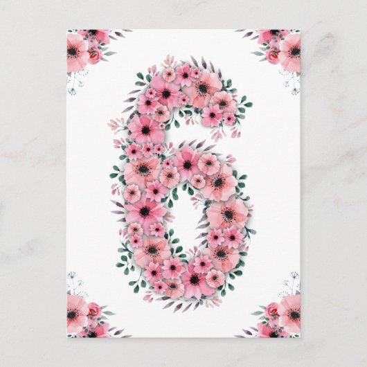 Big 6th Birthday Pink Blume Girl Green Folies Postkarte (Vorderseite)