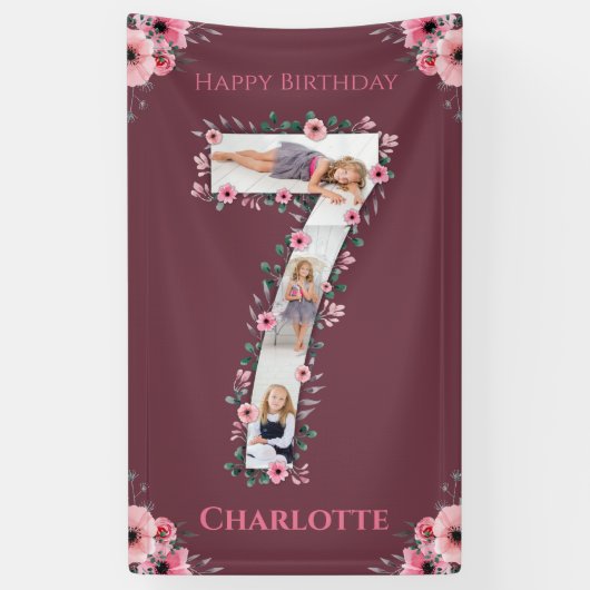Big 7th Birthday Girl Foto Collage Pink Blume Banner (Vertikal)