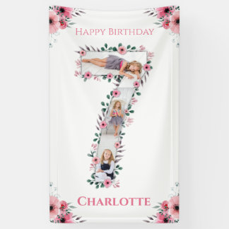 Big 7th Birthday Girl Foto Collage Pink Blume Banner