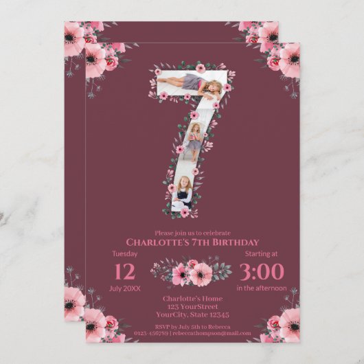 Big 7th Birthday Girl Foto Collage Pink Blume Einladung (Vorne/Hinten)