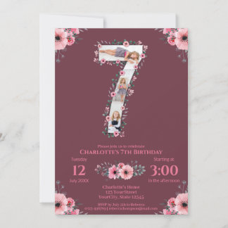 Big 7th Birthday Girl Foto Collage Pink Blume Einladung