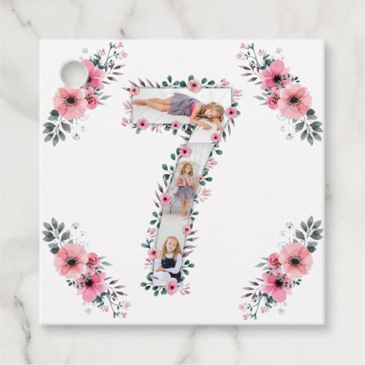 Big 7th Birthday Girl Foto Collage Pink Blume Geschenkanhänger (Vorderseite)