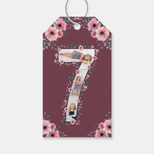 Big 7th Birthday Girl Foto Collage Pink Blume Geschenkanhänger (Vorderseite)