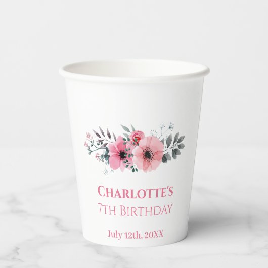 Big 7th Birthday Girl Foto Collage Pink Blume Pappbecher (Rückseite)