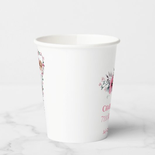 Big 7th Birthday Girl Foto Collage Pink Blume Pappbecher (Links)