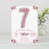 Big 7th Birthday Green Foliage Girl Pink Blume Einladung (Stehend Vorderseite)