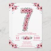 Big 7th Birthday Green Foliage Girl Pink Blume Einladung (Vorne/Hinten)