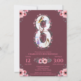 Big 8. Geburtstag Girl Foto Collage Pink Blume Einladung