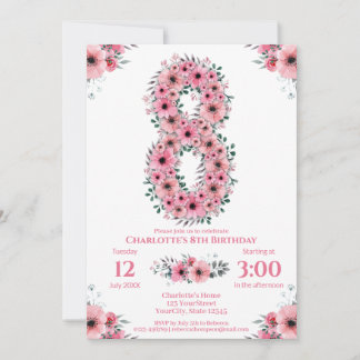 Big 8. Geburtstag Green Foliage Girl Pink Blume Einladung